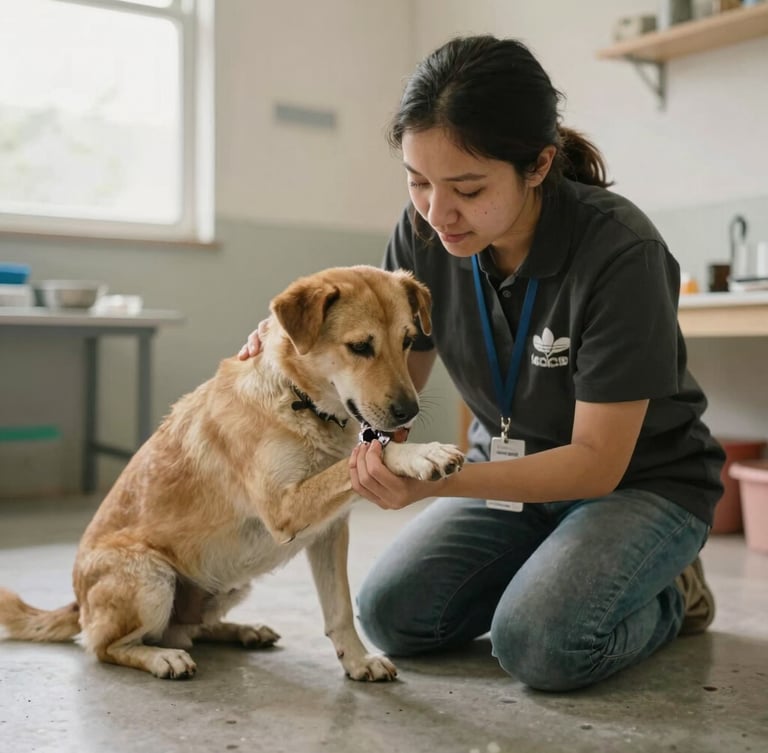 Documentary photo of a volunteer gently cleaning a dog's paw in a simple clinic room, natural overcast light, authentic emotional connection, warm muted tones, shallow depth of field