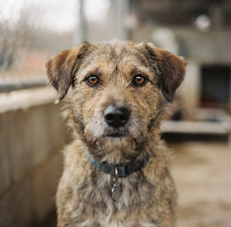 Intimate eye-level portrait of a mixed-breed shelter dog looking directly into the camera with warm expressive eyes, soft overcast natural daylight, shallow depth of field, authentic documentary style