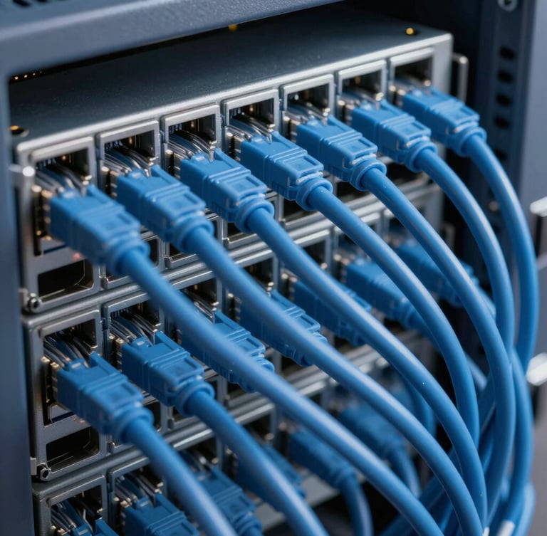 Macro shot of perfectly organized blue network cables plugged into a server rack, high-contrast architectural lighting, cool-toned tech environment, sharp focus