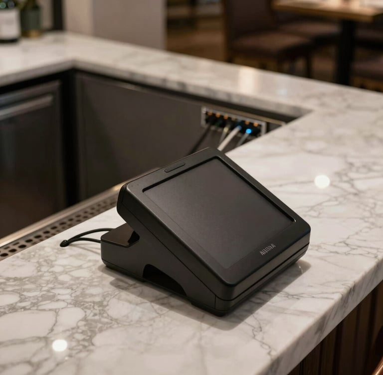A high-angle shot of an elegant modern restaurant interior, focusing on a sleek black POS terminal on a marble counter in the foreground, with clean network cabling subtly visible running into a wall panel in the background.