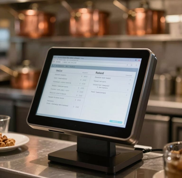 A sharp macro shot of a sleek modern POS terminal screen displaying a restaurant order in a warm kitchen, soft background bokeh of copper pans and ambient lighting.