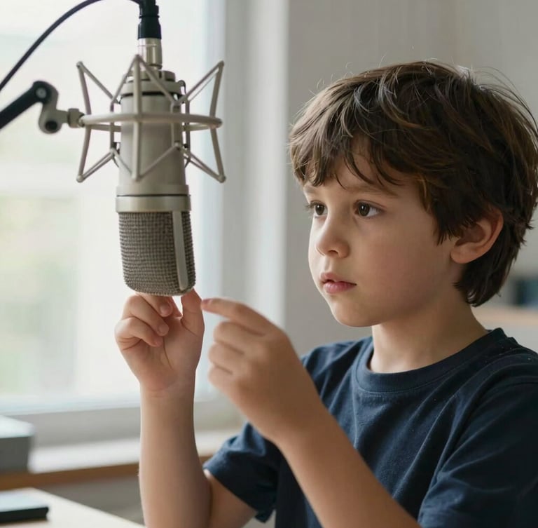 A young child adjusting a professional studio microphone under natural window light, focused expression of concentration, premium creative studio setting