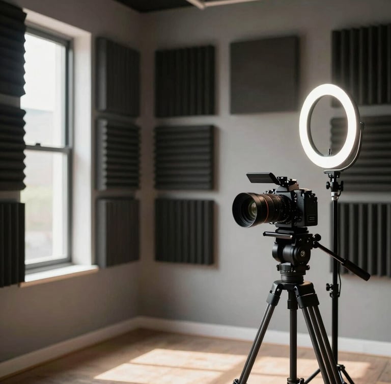 A high-end content creation studio with acoustic wall panels, a professional ring light, and a high-definition camera on a tripod, natural daylight streaming from a side window.