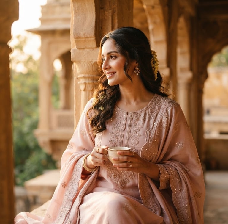 Warm editorial photography of an elegant woman in a draped pastel rose ethnic suit, catching soft golden-hour window light. Medium-close framing focuses on the delicate fabric drape and subtle embroidery details, with a soft-focus background of heritage stone arches.