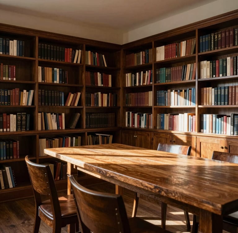 Wide panoramic shot of a quiet, sunlit private library with dark oak bookshelves and warm morning light streaming across a single wooden table.