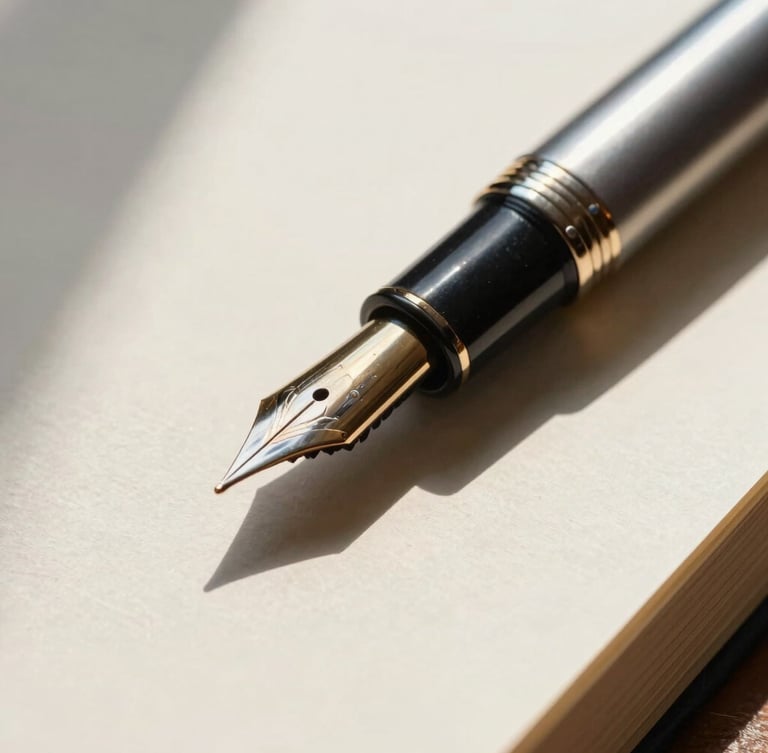 A tight macro shot of a classic fountain pen resting on heavy, textured cream paper stock, casting deep, sharp shadows under natural morning light.