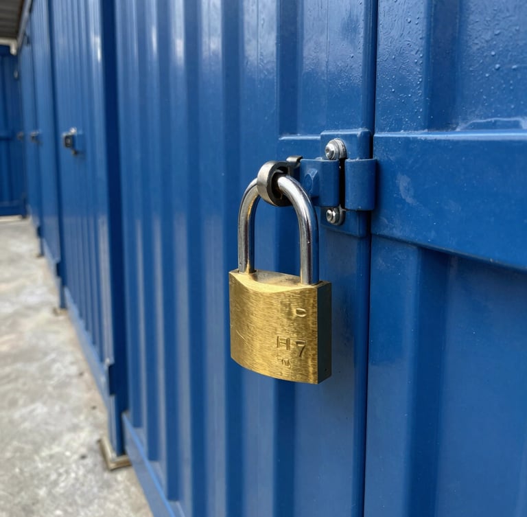 High-contrast industrial lighting on a row of clean, blue corrugated steel storage doors, a heavy-duty brass padlock secured on the latch in the foreground, sharp geometric perspective down the concrete aisle.