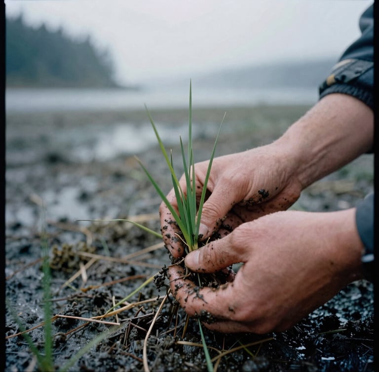 Close-up documentary shot of muddy hands carefully planting native eelgrass in a cold Washington estuary, overcast morning light, 35mm film grain