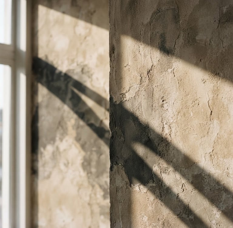Wide, minimalist editorial photograph of a textured plaster wall with soft, long shadows from an unseen window, muted warm sand and charcoal tones, shallow depth of field, abstract architectural detail.