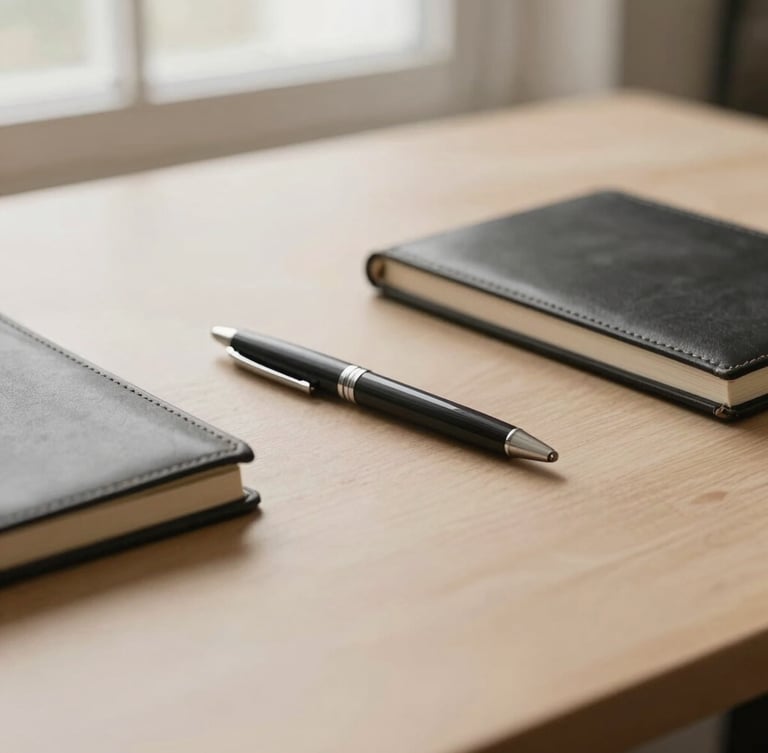 Close-up, minimalist editorial photograph of a clean, minimalist desk surface with a single, elegant pen and a leather-bound journal, soft natural window light, muted warm sand and charcoal tones, shallow depth of field.