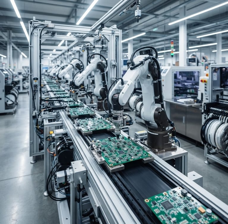 Wide panoramic shot of a clean, brightly lit automated assembly line with robotic arms precisely placing components on circuit boards, cool metallic tones, sharp focus on precision.