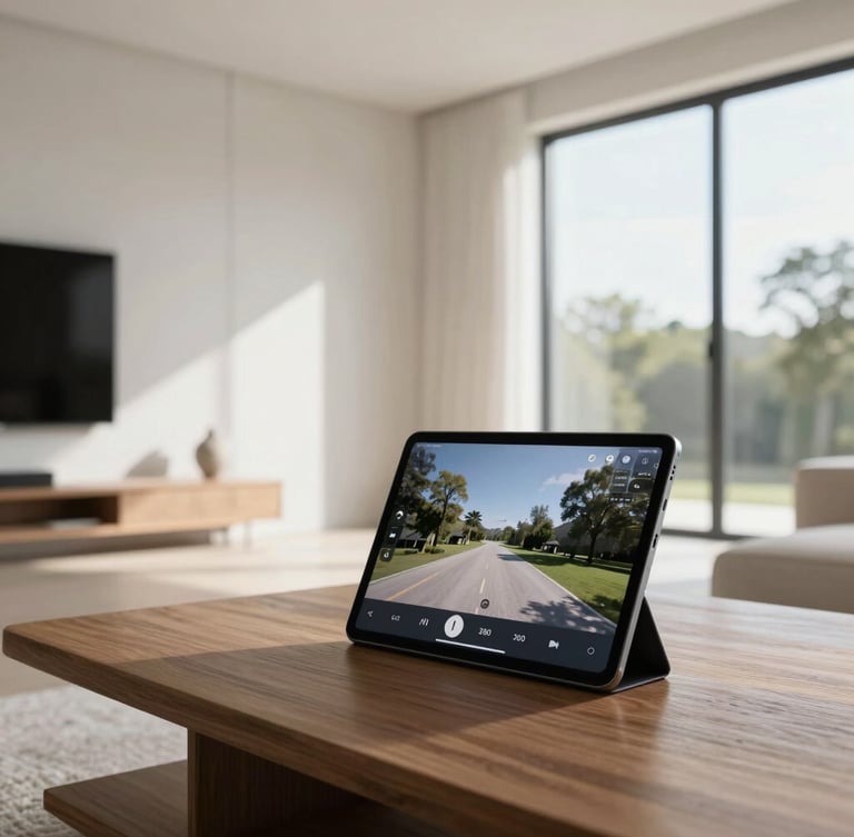 Minimalist modern living room with clean architectural lines, bright natural daylight streaming through large windows, and a sleek tablet on a wooden coffee table displaying a 360 virtual tour interface.