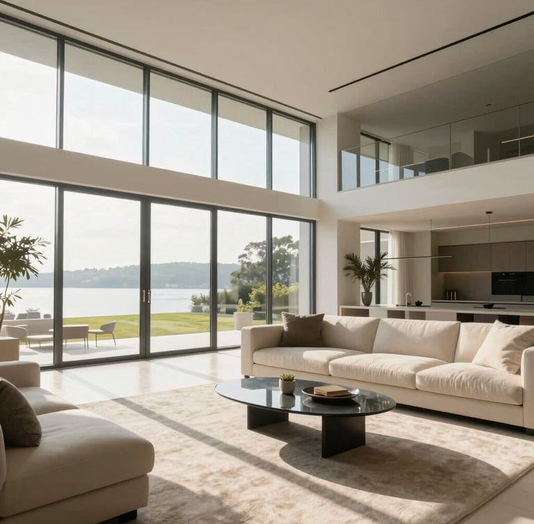 Bright modern architectural living room with floor-to-ceiling glass windows, soft afternoon sun casting long shadows, clean minimalist furniture, high-end design aesthetic.
