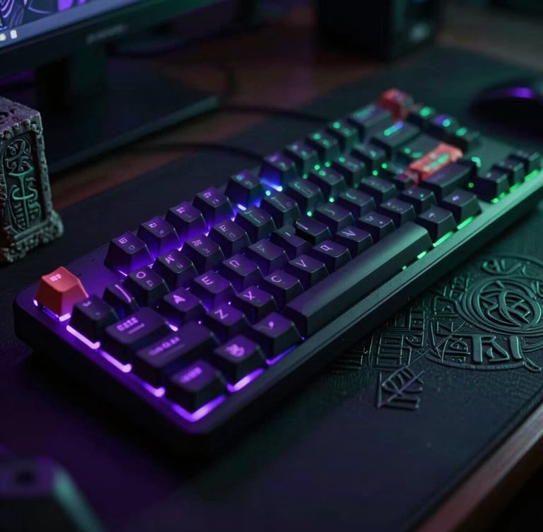 A close-up of a professional gaming setup in low-light, mechanical keyboard glowing with deep purple rim light, surrounded by ancient stone runes, cinematic 35mm