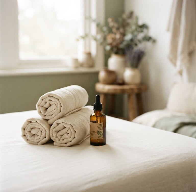 Close-up of a serene treatment room with soft light, rolled linen towels on a pristine white surface, and a single botanical product bottle, shallow depth of field, 35mm