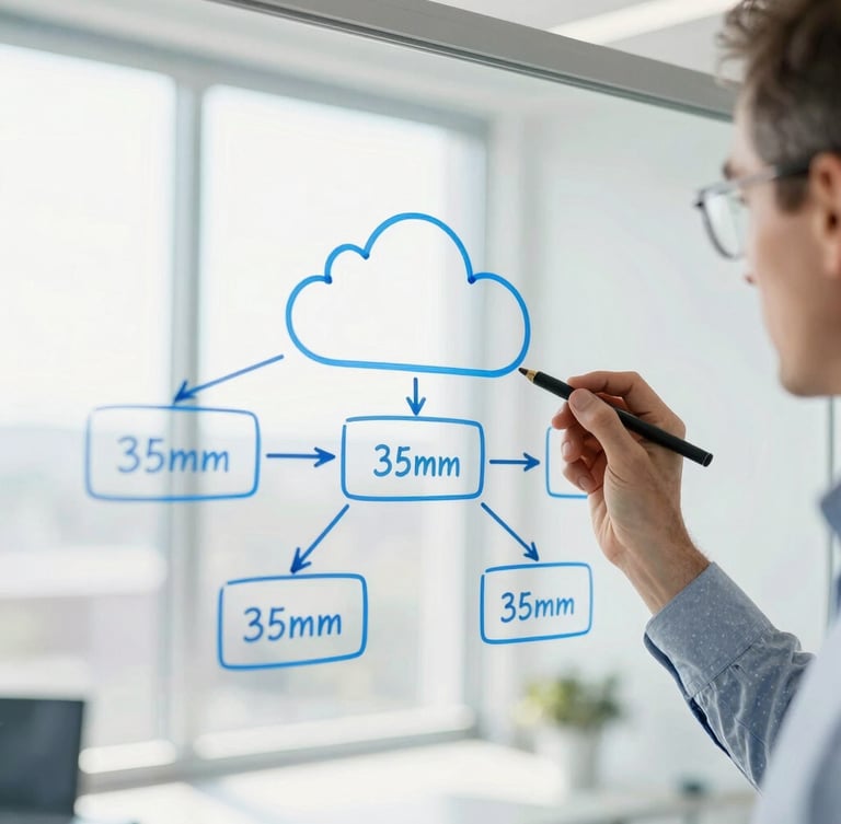Bright high-key corporate photography, close-up of a senior systems architect sketching a clean cloud pipeline on a glass whiteboard, natural window light, sharp focus, 35mm