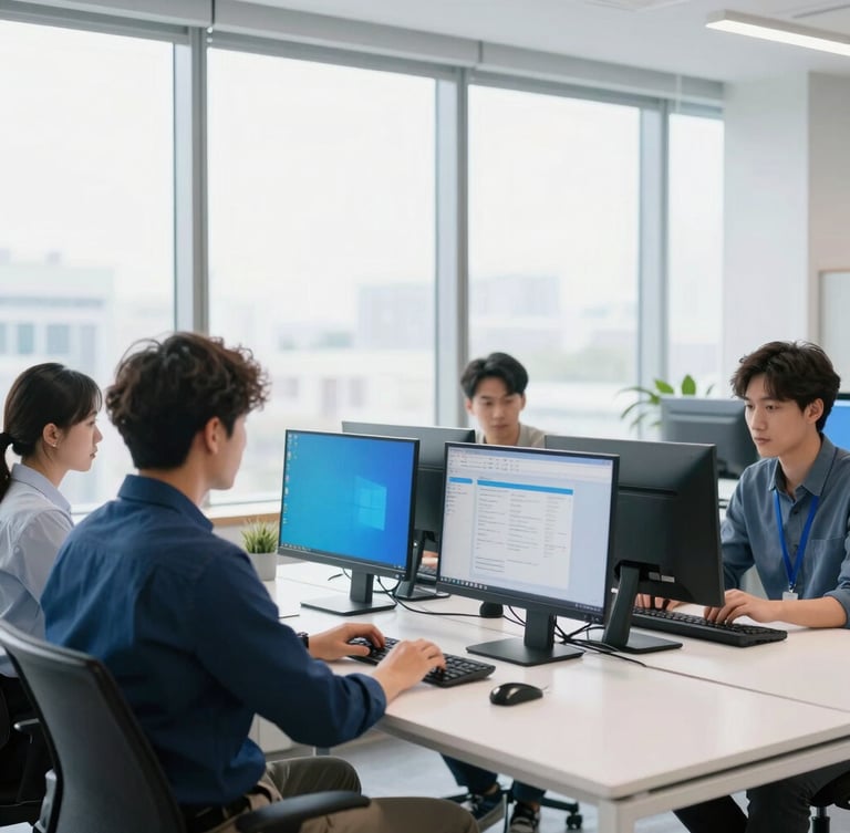 Bright high-key corporate workspace with natural window light, software developers collaborating around a clean white table, sharp focus, 35mm