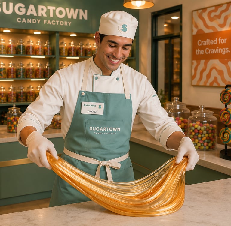 A smiling confectioner at Sugartown Candy Factory pulling and stretching golden taffy on a marble counter.
