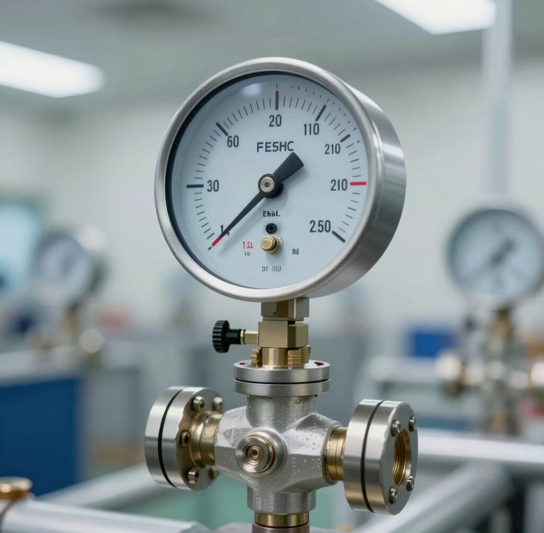 Macro shot of a calibrated pressure transmitter valve in an industrial plant, clean cool-toned ambient daylight, sharp focus on physical instrumentation, professional editorial 35mm