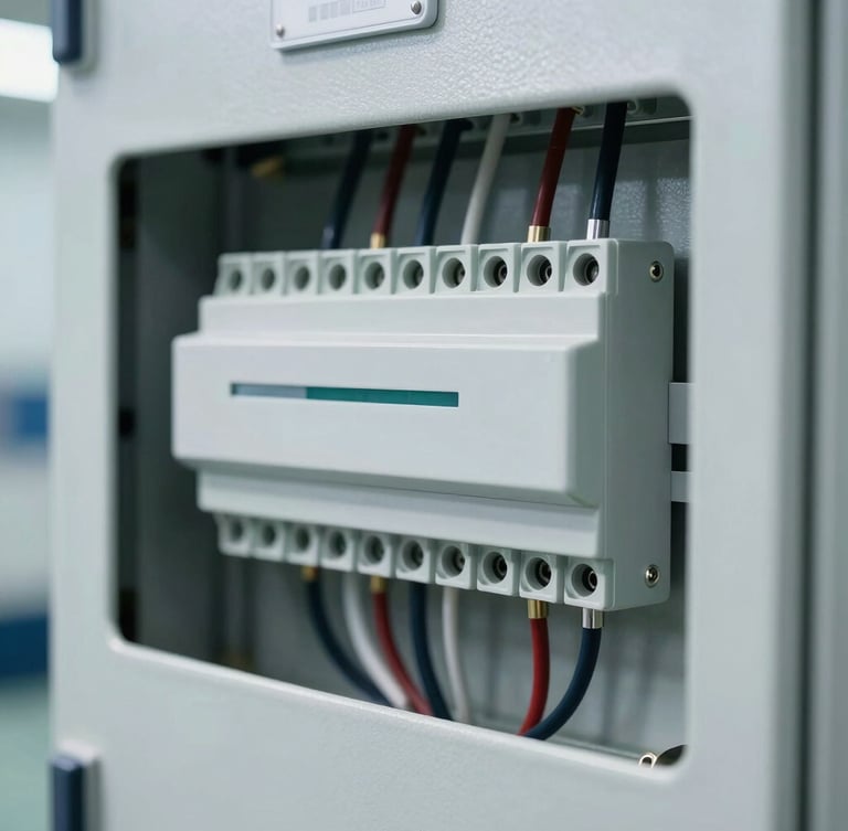 Close-up of clean electrical panels with wired terminal blocks, cool crisp daylight, sharp focus on physical wiring