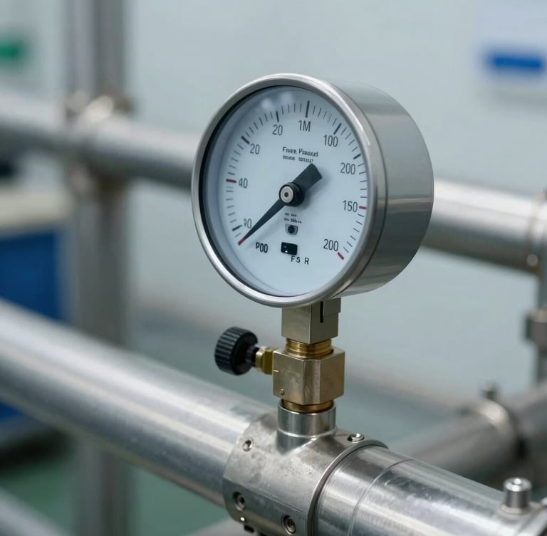 Macro shot of a calibrated physical pressure transmitter on a clean stainless steel pipe, cool industrial daylight, sharp focus, professional editorial photography