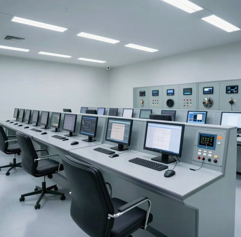 Wide-angle crisp industrial photography of a clean modern plant control room with high-tech monitors, cool-toned ambient light, 35mm lens.