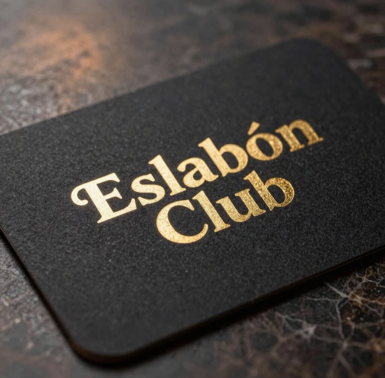 Macro close-up of a matte black, heavy paper card with the gold-embossed Eslabón Club emblem, resting on a dark marble surface, warm side lighting