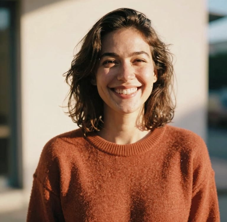 Candid, joyful shot of a woman wearing a warm terracotta sweater in natural golden-hour sunlight, smiling genuinely, 35mm film look.
