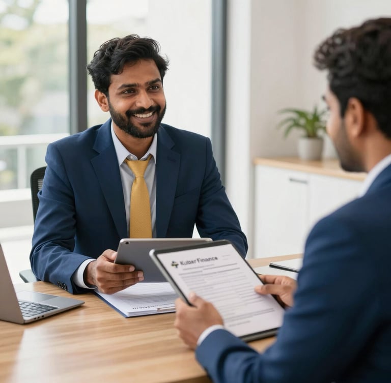 A professional Indian Kuber Finance Service representative in a clean, modern office setting, warmly greeting a small business owner while holding a tablet, with organized loan documents on the desk. Bright natural daylight, warm corporate photography.