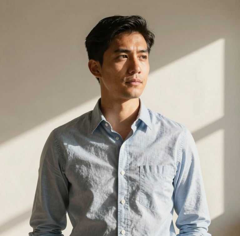 A warm, sunlit portrait of a professional accountant in a relaxed Austin studio, natural afternoon Texas light, neutral cream background, looking thoughtfully off-camera.