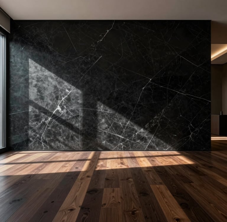 One-point perspective of a minimalist luxury interior, dramatic natural light casting long shadows across a massive veined black marble wall and dark oak floor, architectural restraint.
