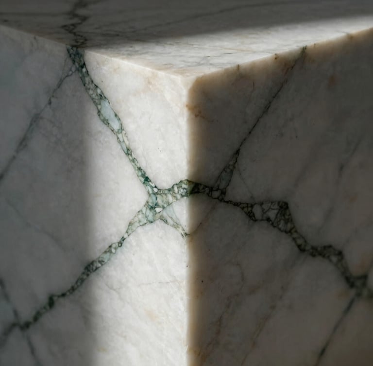 Chiaroscuro shot of a raw marble slab corner, deep green veins running through soft white stone, dramatic side lighting, portrait aspect.