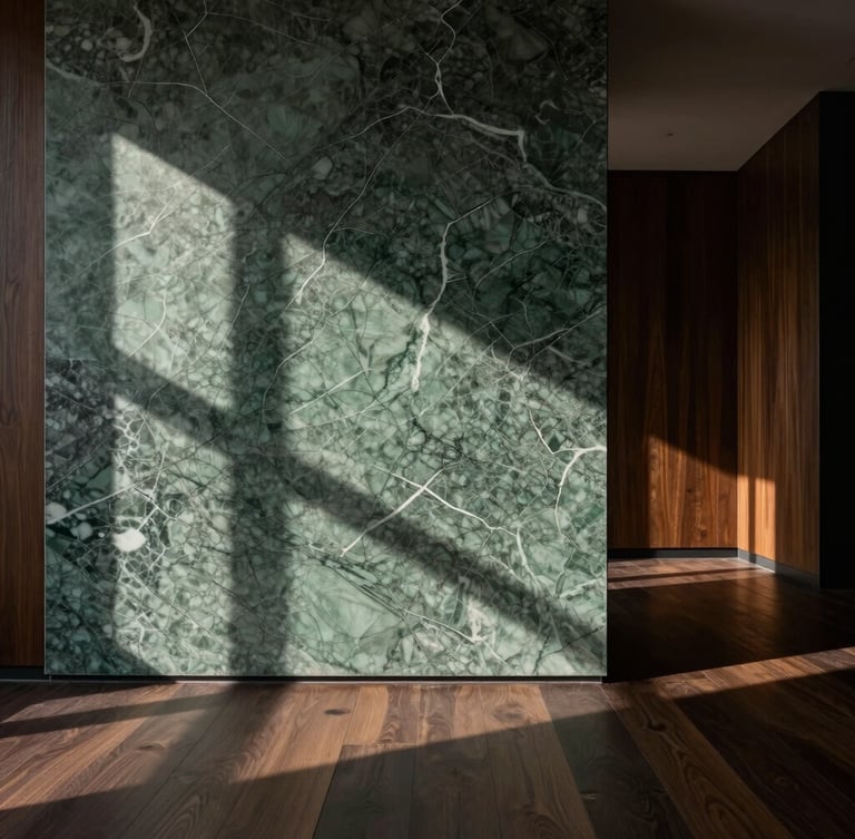Strict one-point perspective of a minimalist interior. Low-key dramatic natural light casts long shadows across a massive veined green marble wall and dark oak millwork, emphasizing raw material textures.