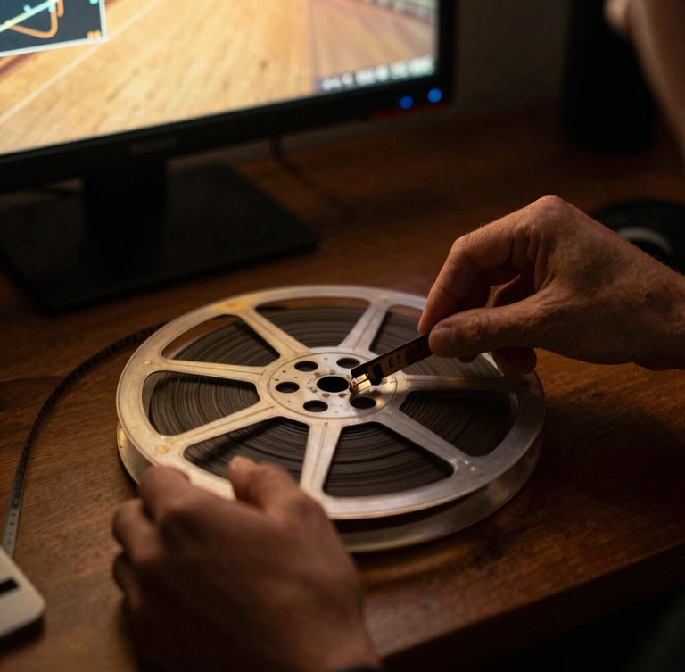 Close-up of hands meticulously restoring a vintage film reel on a modern digital workstation, warm ambient screen glow, high contrast, cinematic, 35mm.