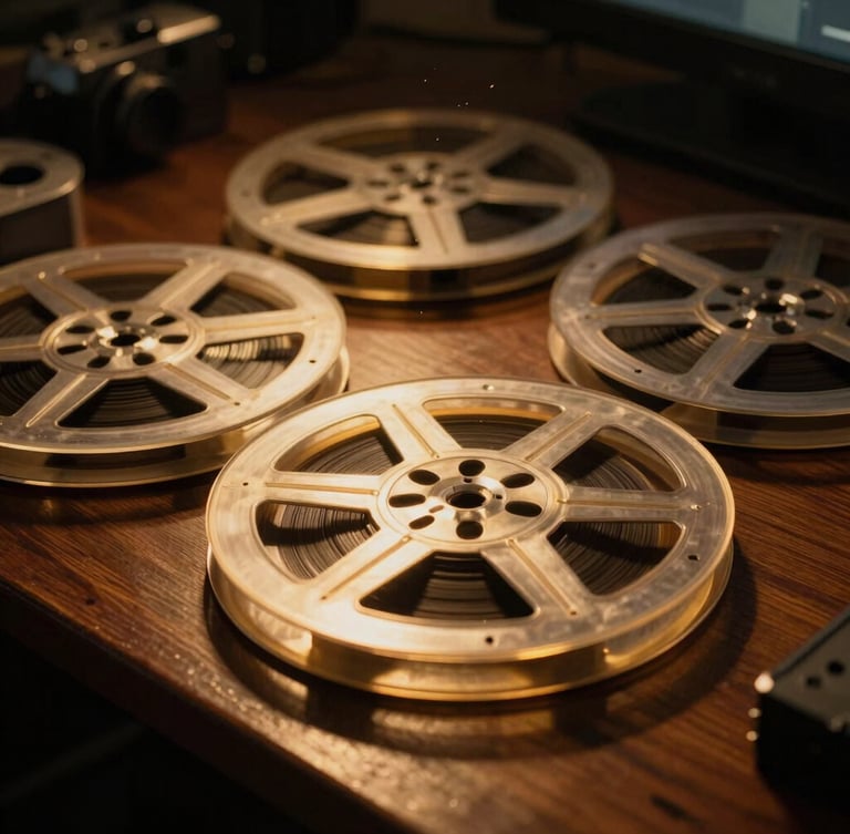 Cinematic close-up of vintage broadcast tape reels on a dark wooden workbench, warm golden light reflecting off metallic parts, dust particles visible in a single light beam, 35mm photography style