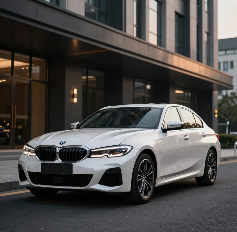 A clean white BMW 330i parked outside a modern concrete gallery, crisp overcast daylight, sleek profile angle, premium editorial photography, 35mm