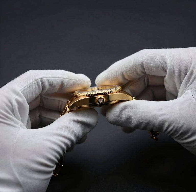 Macro editorial photograph of white-gloved hands carefully holding a luxury gold watch, dark charcoal background, dramatic low-key lighting, gold highlights, 35mm