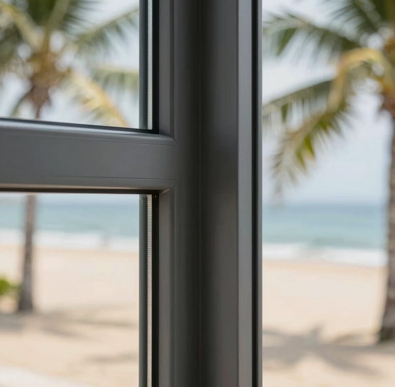 Crisp close-up architectural photograph of a sleek charcoal aluminum window frame corner joint, showing precision engineering and clean glass reflections, bright tropical daylight, 35mm lens.