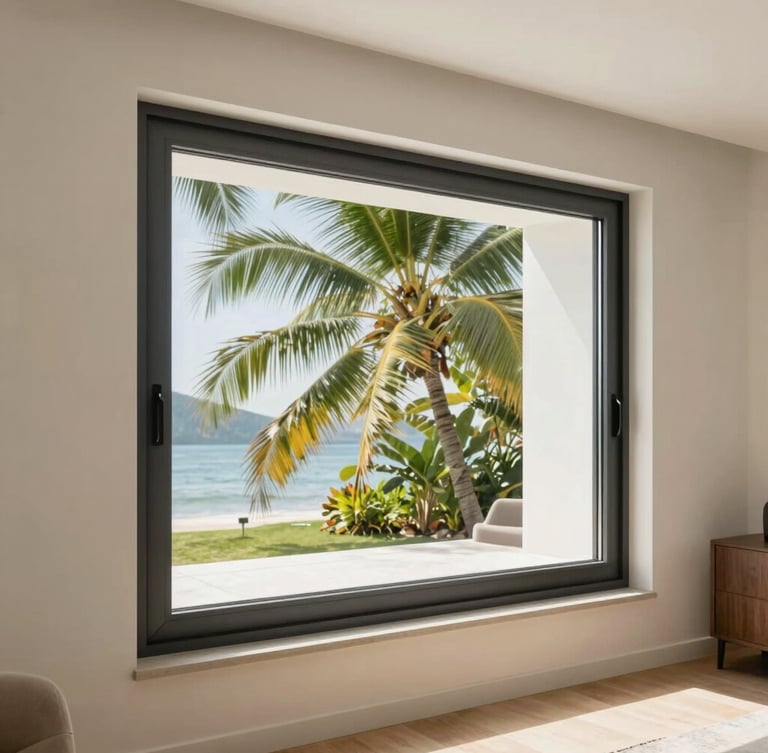 Sleek modern charcoal aluminum window frame installed in a bright contemporary living room, tropical daylight reflecting off clean glass, 35mm photography