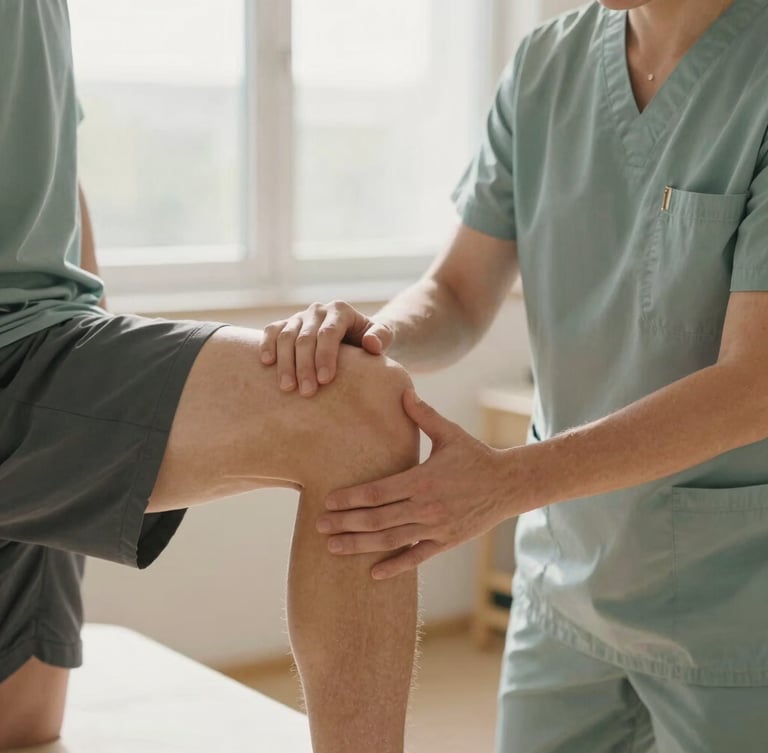 A certified therapist guiding a patient's knee alignment during a gentle rehabilitation exercise in a sunlit clinic, warm slate tones.