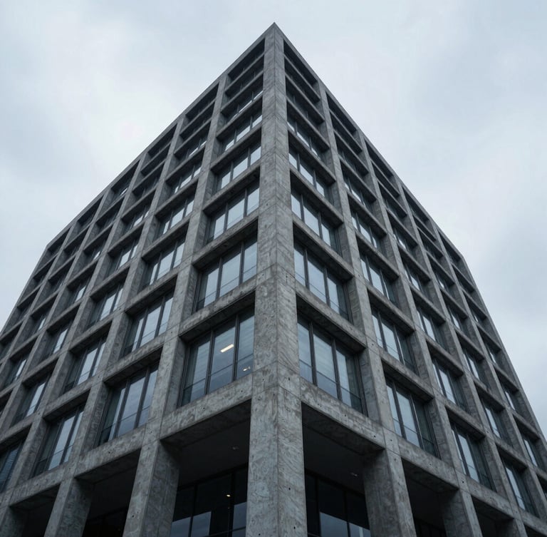 Low-angle perspective of a modern concrete and steel corporate headquarters under cool overcast daylight, sharp structural lines, desaturated blue tones