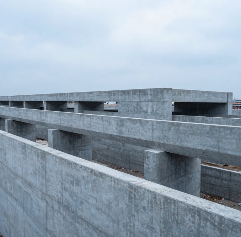 Wide environmental shot of a massive concrete infrastructure project under cool overcast daylight, desaturated blue and slate tones, high-contrast composition.