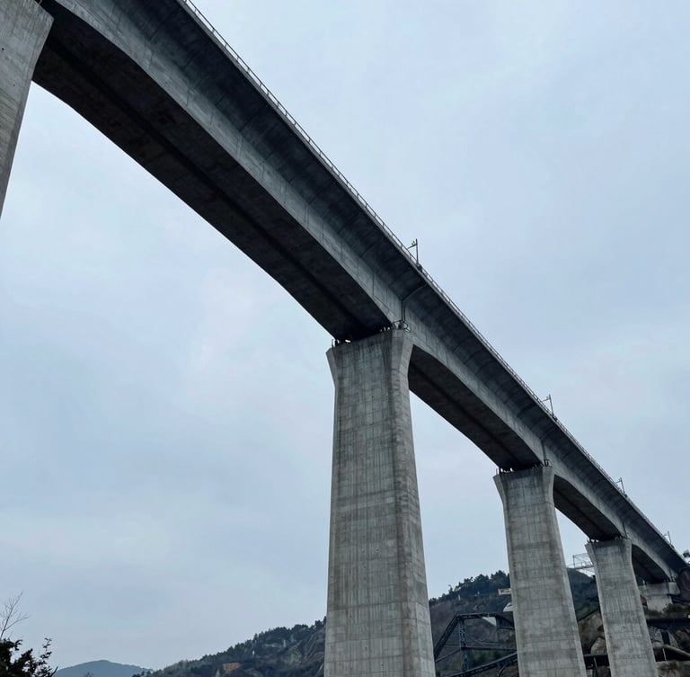 Low-angle architectural shot of a massive concrete railway bridge spanning a valley, overcast sky, desaturated blue tones, sharp structural lines.