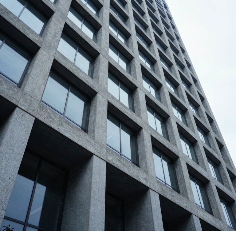Low-angle architectural shot of a modern concrete and steel corporate skyscraper facade under cool overcast daylight, desaturated blue tones, sharp geometric lines