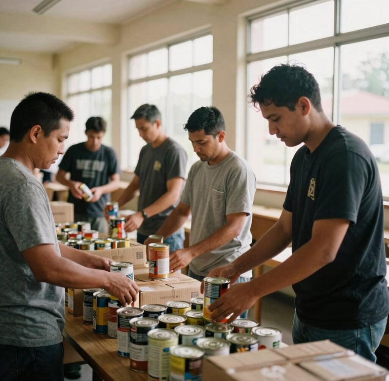 Candid documentary photograph of Catholic men in casual clothes working together to pack boxes of canned goods in a brightly lit parish hall, warm natural daylight filtering through large windows, 35mm film look.