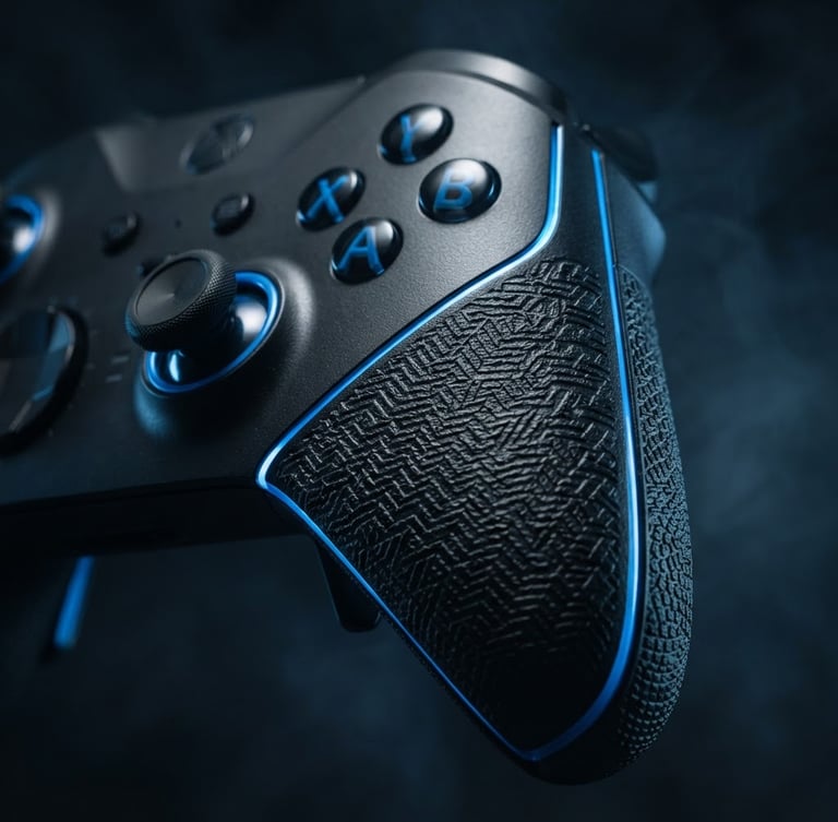 Extreme macro shot of a premium custom console controller with metallic matte black finishes, sharp electric-blue rim lighting highlighting the textured grip, subtle atmospheric smoke in a dark cinematic studio