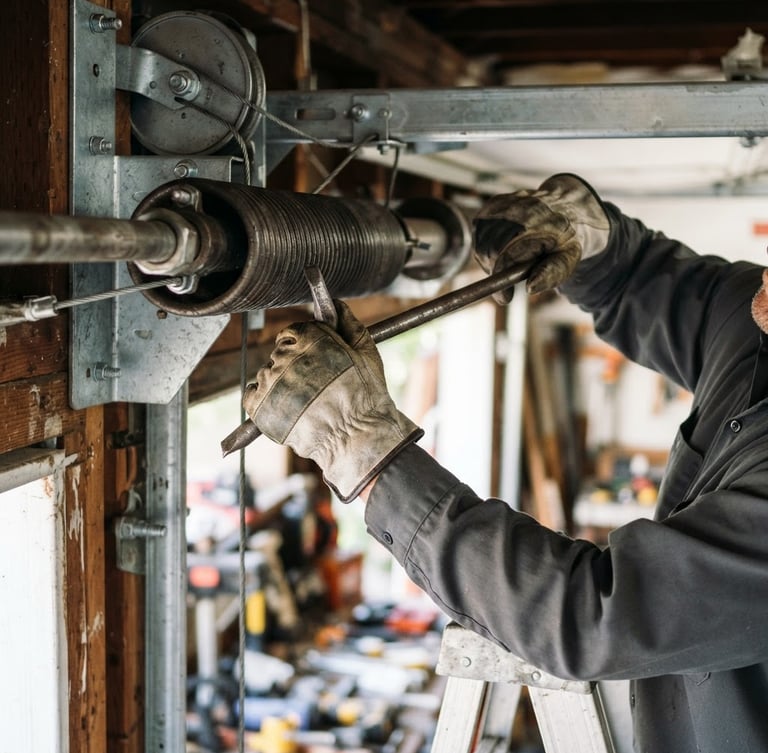 Close-up shot of a technician's hands adjusting a heavy-duty steel torsion spring with professional tools, bright Southern California daylight, sharp focus, 35mm lens.
