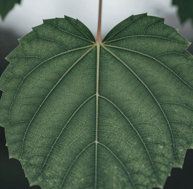 Close-up macro shot of intricate leaf veins showing complex natural network, cool natural overcast daylight, desaturated forest green, sharp focus, 35mm lens.
