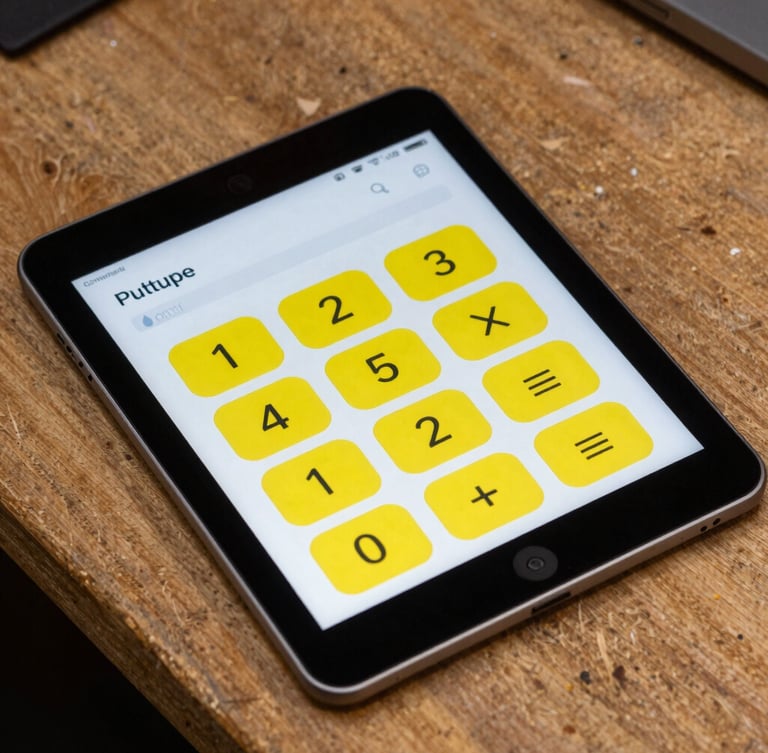 Top-down macro shot of an Android tablet on a wooden workshop bench, displaying a clean, high-contrast calculator app with large yellow buttons.