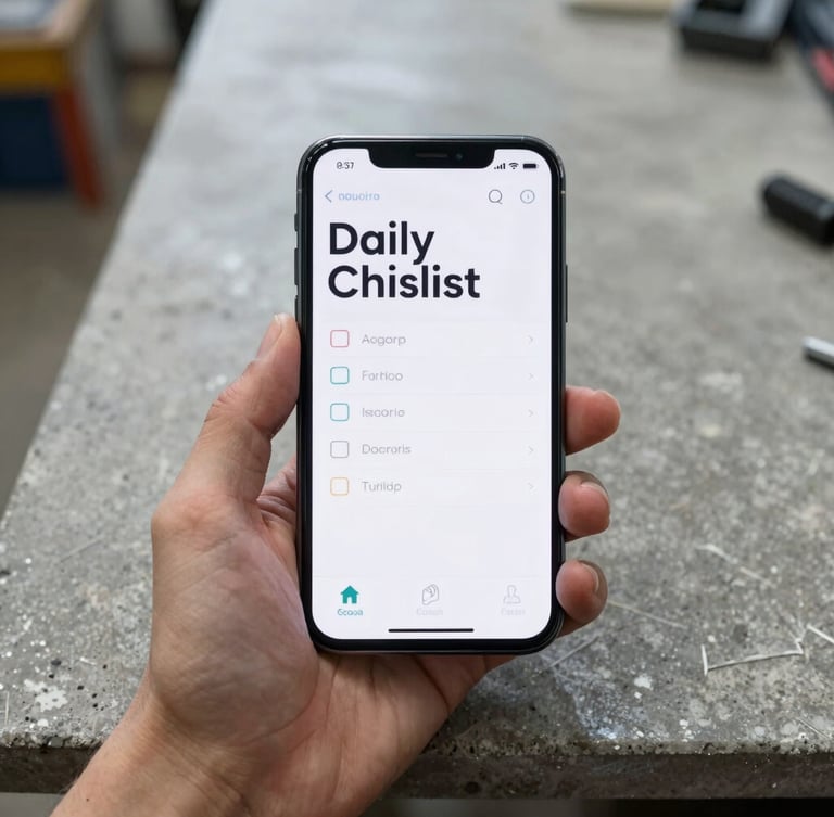 Top-down macro shot of a hand holding a clean Android smartphone on a concrete workshop bench. The screen displays a high-contrast, minimalist daily checklist app with large, sharp typography. Bright, even, overcast daylight.